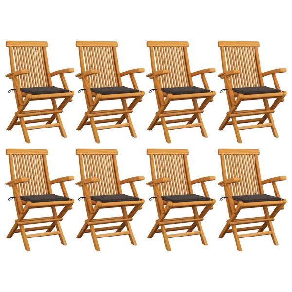 Cadeiras de jardim c/ almofadões cinza-acast. 8 pcs teca maciça
