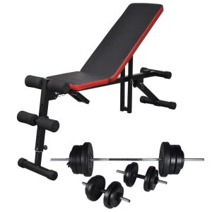 Banco musculação c/ conjunto de barras e halteres 60,5 kg