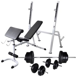 Banco musculação c/ suporte p/ pesos + barras e halteres 60,5kg