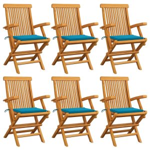 Cadeiras de jardim c/ almofadões azuis 6 pcs teca maciça