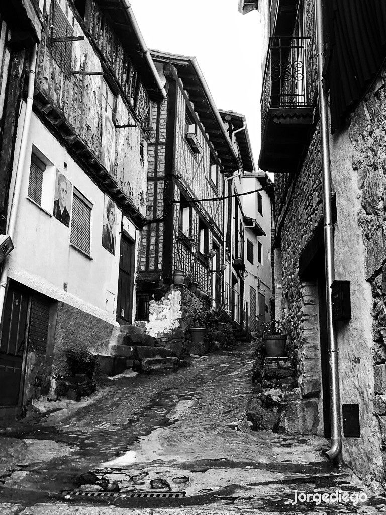 Una calle empinada en blanco y negro, entre casas antiguas de piedra y madera, en Mogarraz, Salamanca. Los edificios muestran una arquitectura tradicional, con balcones de hierro forjado y muros de piedra desigual. En las paredes de una de las casas, se aprecian retratos en blanco y negro de personas, posiblemente figuras locales importantes. El suelo de la calle es empedrado y parece húmedo. La escena evoca una atmósfera histórica y tranquila de un pueblo antiguo.