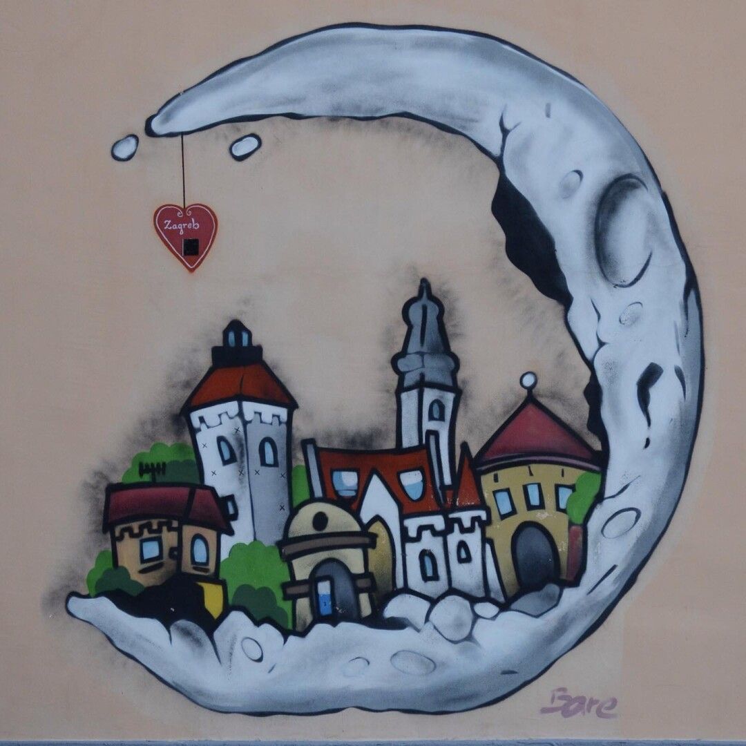 Dibujo de una luna con una ciudad en su interior y un corazón colgando en el pico superior de la luna en el que se lee "Zagreb" En la esquina una firma: Bare