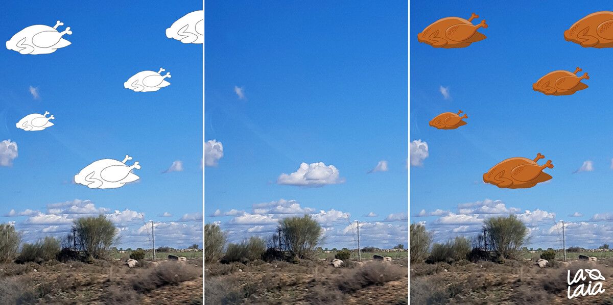 Composición con tres fotografías que son la misma: en el centro está la fotografia original, hecha des de la ventana de un coche y en la que aparecen nubes, una de ellas con una forma parecida a un pollo a l'ast. A la izquierda, la misma fotografía con pollos a l'ast blancos dibujados a modo de nubes. A la derecha, la misma fotografía con los pollos dibujados pero en este caso coloreados