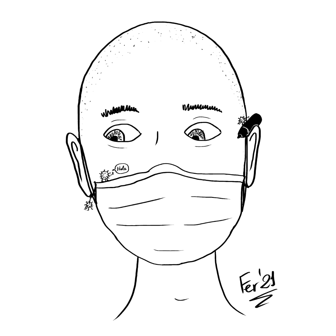 Dibujo digital a blanco y negro de una persona con el pelo rapado y con mascarilla quirúrgica, con un bolígrafo en una oreja, mirando hacia abajo y a su lado derecho y con varios coronavirus subiendo por la cabeza; uno de ellos dice 