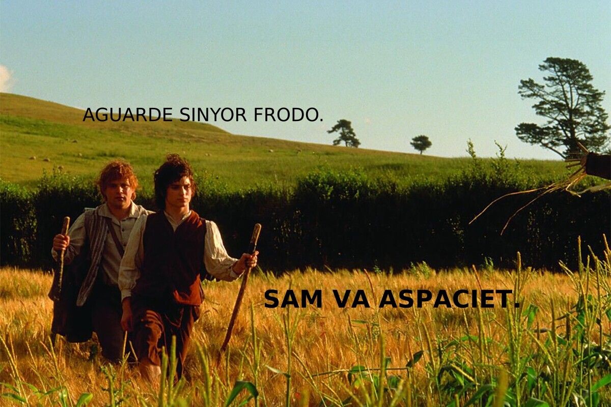 Se ve a Sam y Frodo del Señor de los Anillos cruzando por un campo cultivado por parece que trigo amarillento que les llega a las rodillas. Frodo va delante y Sam detrás. Caminan con bastones. Al fondo se ve un campo verde y el cielo azul. Se ve en letras negras: 