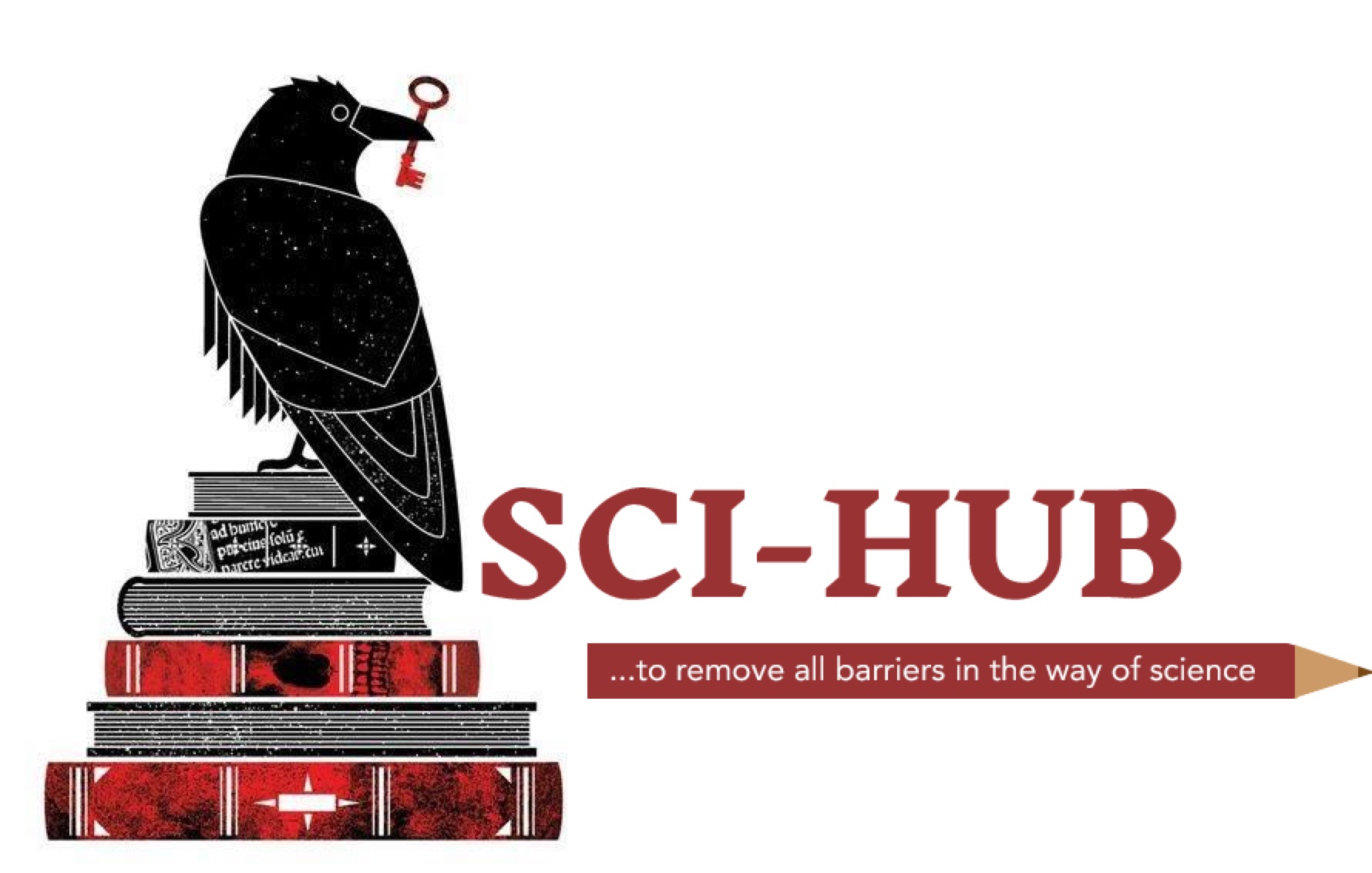 Logo de Sci-hub. Un cuervo negro sobre una pila de libros sostiene una llave roja en el pico.
