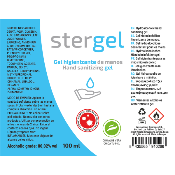 STERGEL - GEL DESINFECTANTE DE MANOS HIDROALCOHÓLICO DE ALOE VERA 100ML - Imagen 3