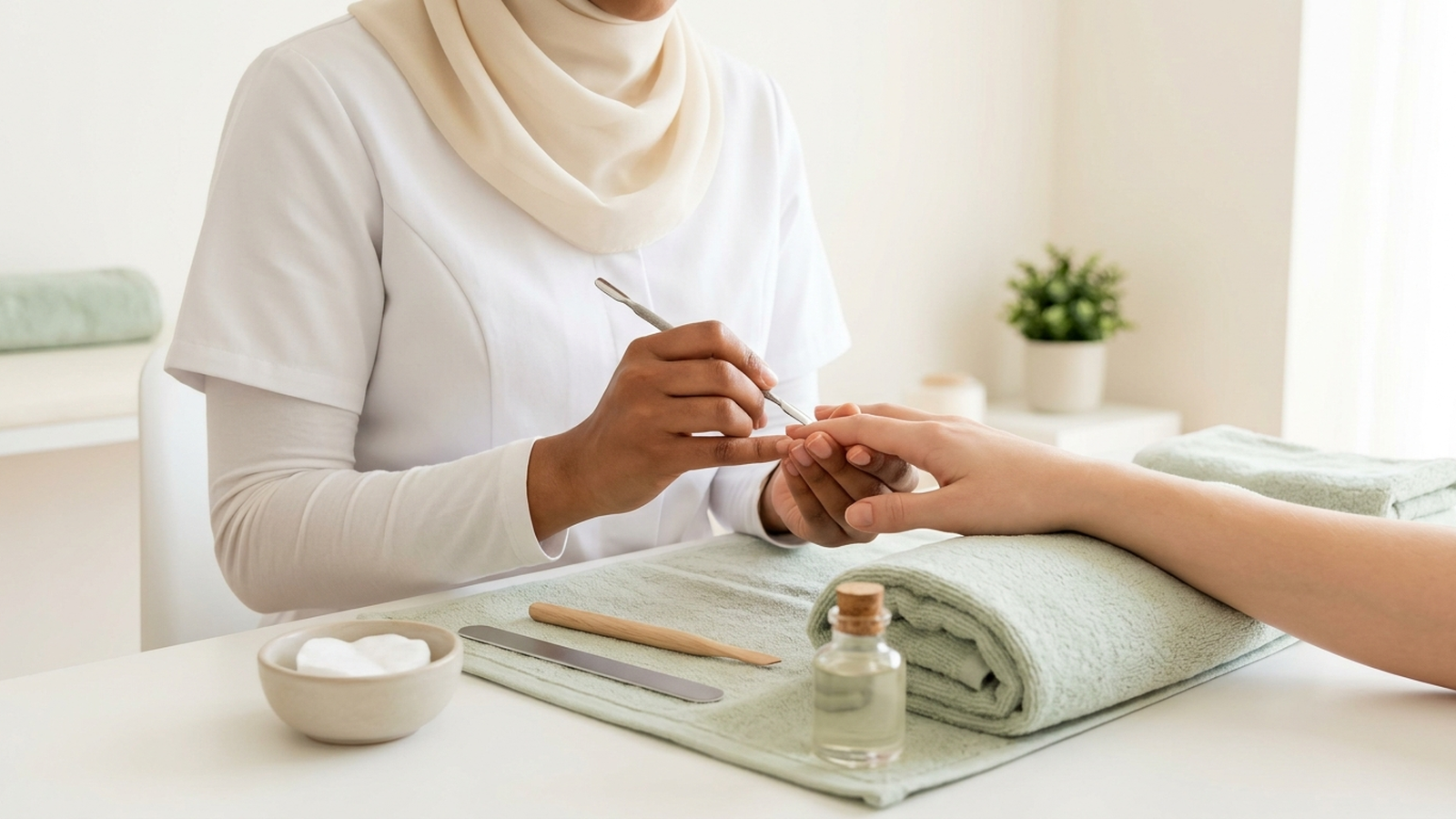 Illustrative image: therapists working at several beauty treatment stations