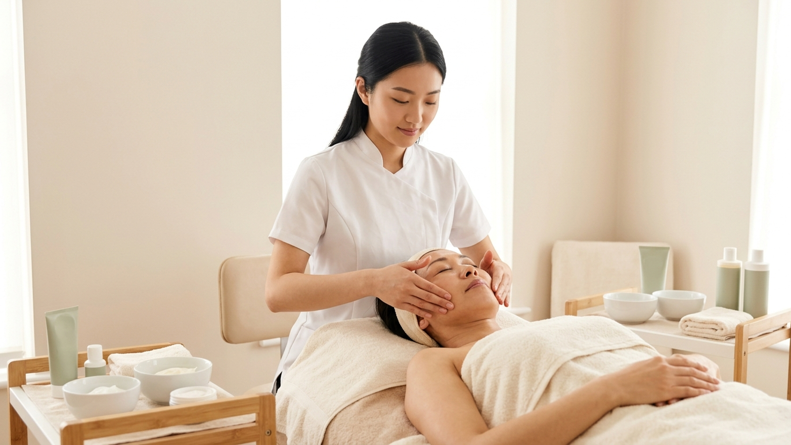 Illustrative image: a therapist giving a facial treatment