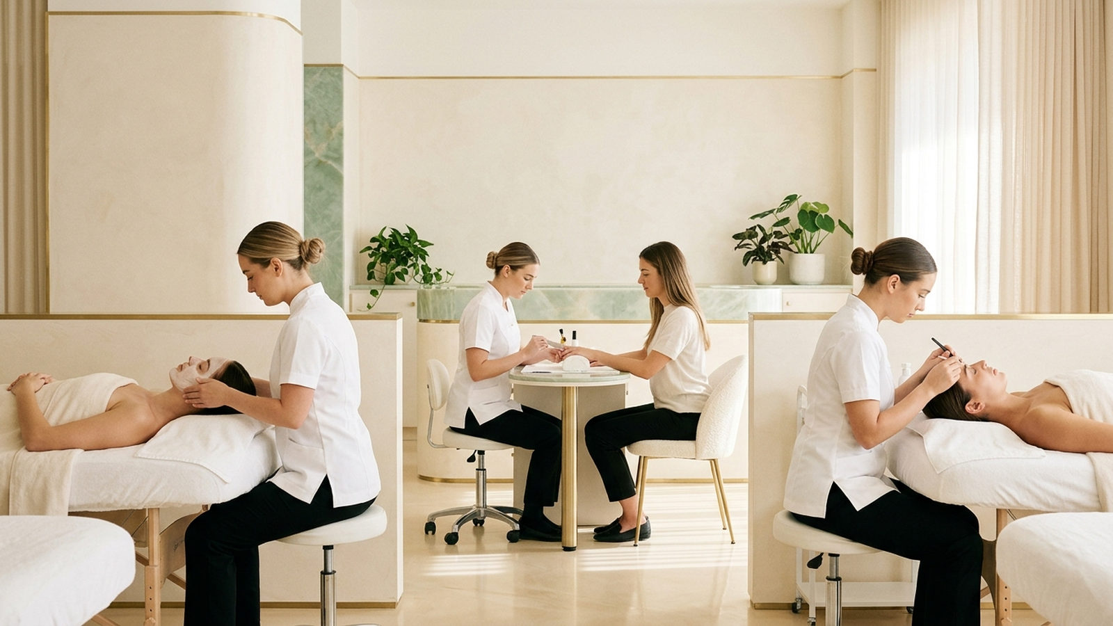 Illustration of women receiving spa treatments, including facials and manicures, inside a brightly lit salon with minimalist cream decor and potted plants.