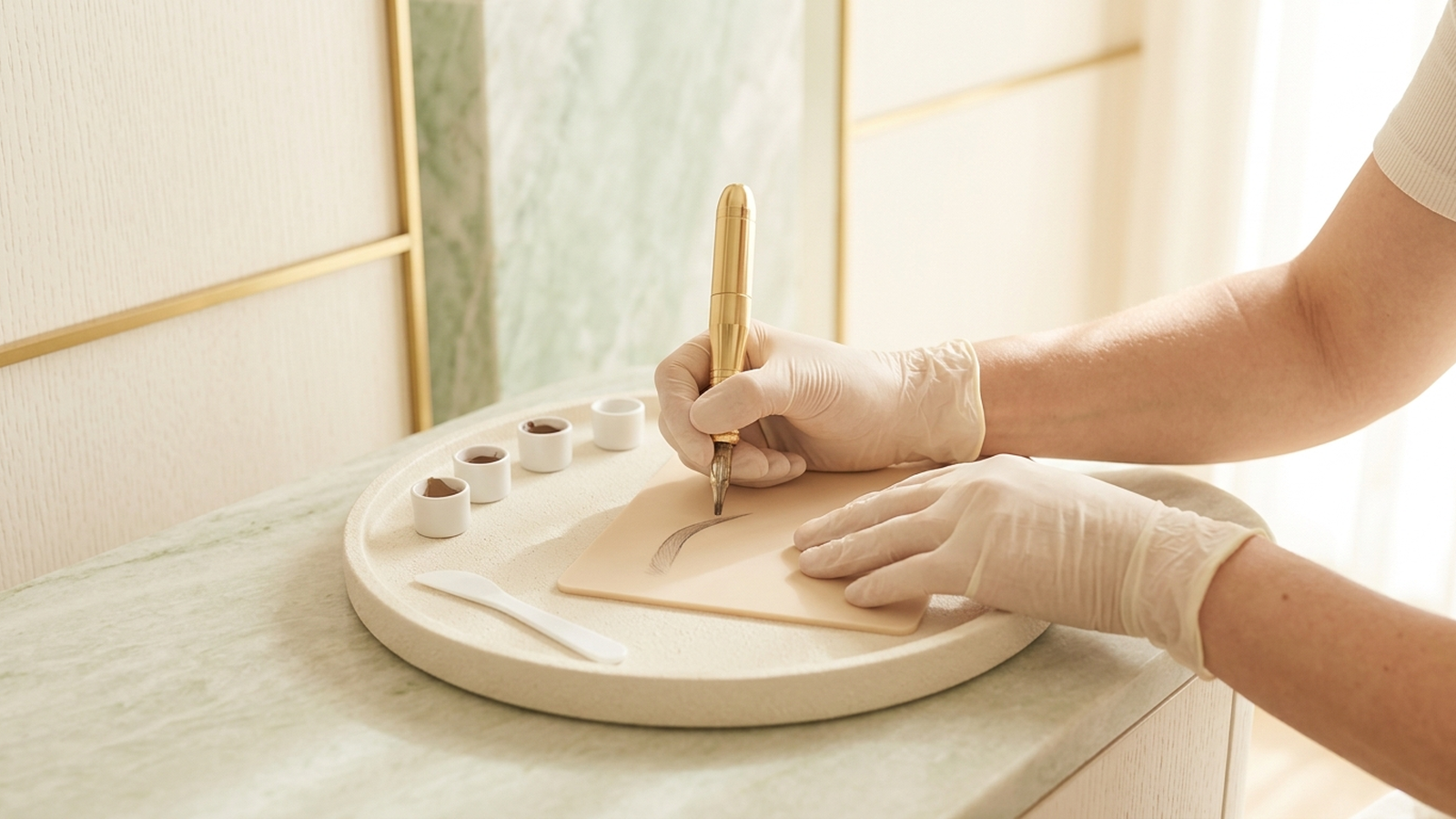 Illustration of gloved hands practicing permanent eyebrow tattooing on a synthetic skin pad with a golden pen tool and pigment cups.