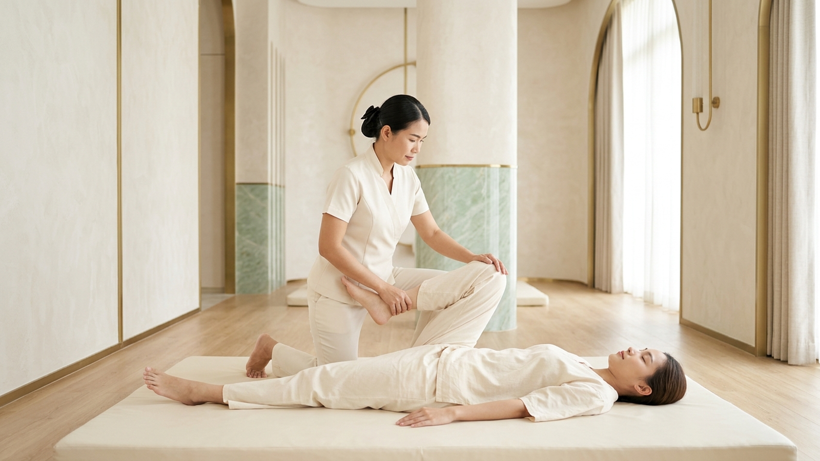 Illustration of a therapist stretching a woman's leg during a traditional massage session in a bright, modern minimalist room.