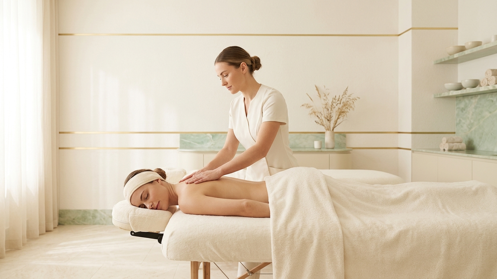 Illustration of a woman receiving a back massage from a therapist on a treatment table in a bright, tranquil spa room.