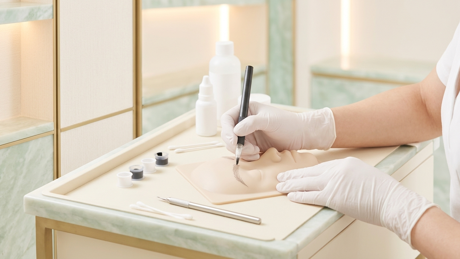 Illustration of gloved hands using a microblading tool on a silicone practice face, surrounded by pigment cups and cosmetic tools on a bright workstation.