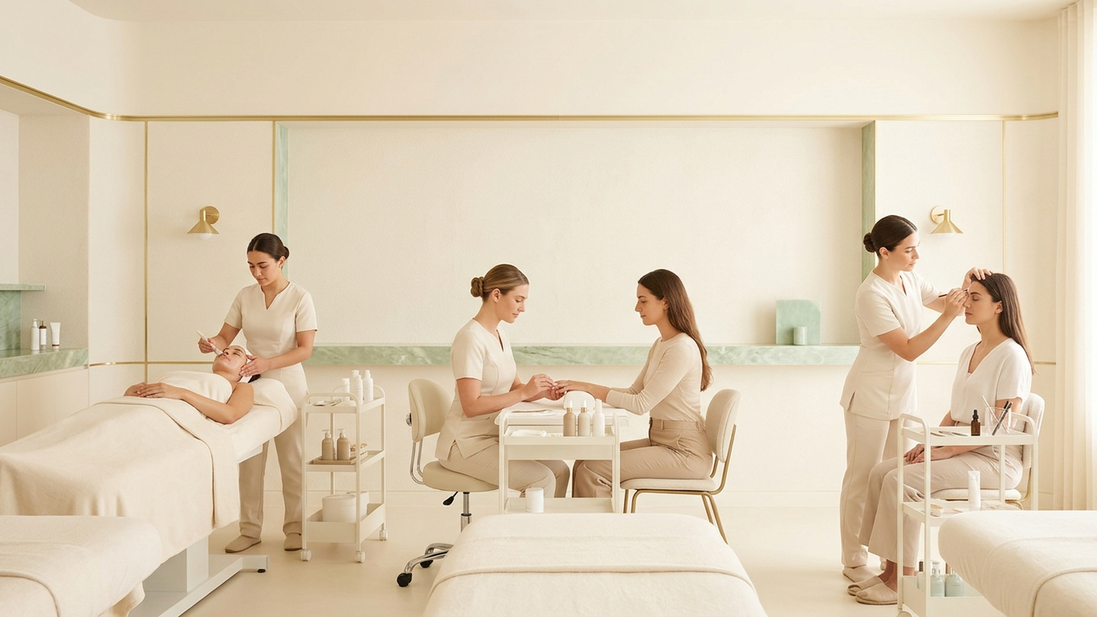Illustration of women in a bright, minimalist spa receiving various beauty treatments including a facial, manicure, and eyebrow styling in a cream-toned interior.