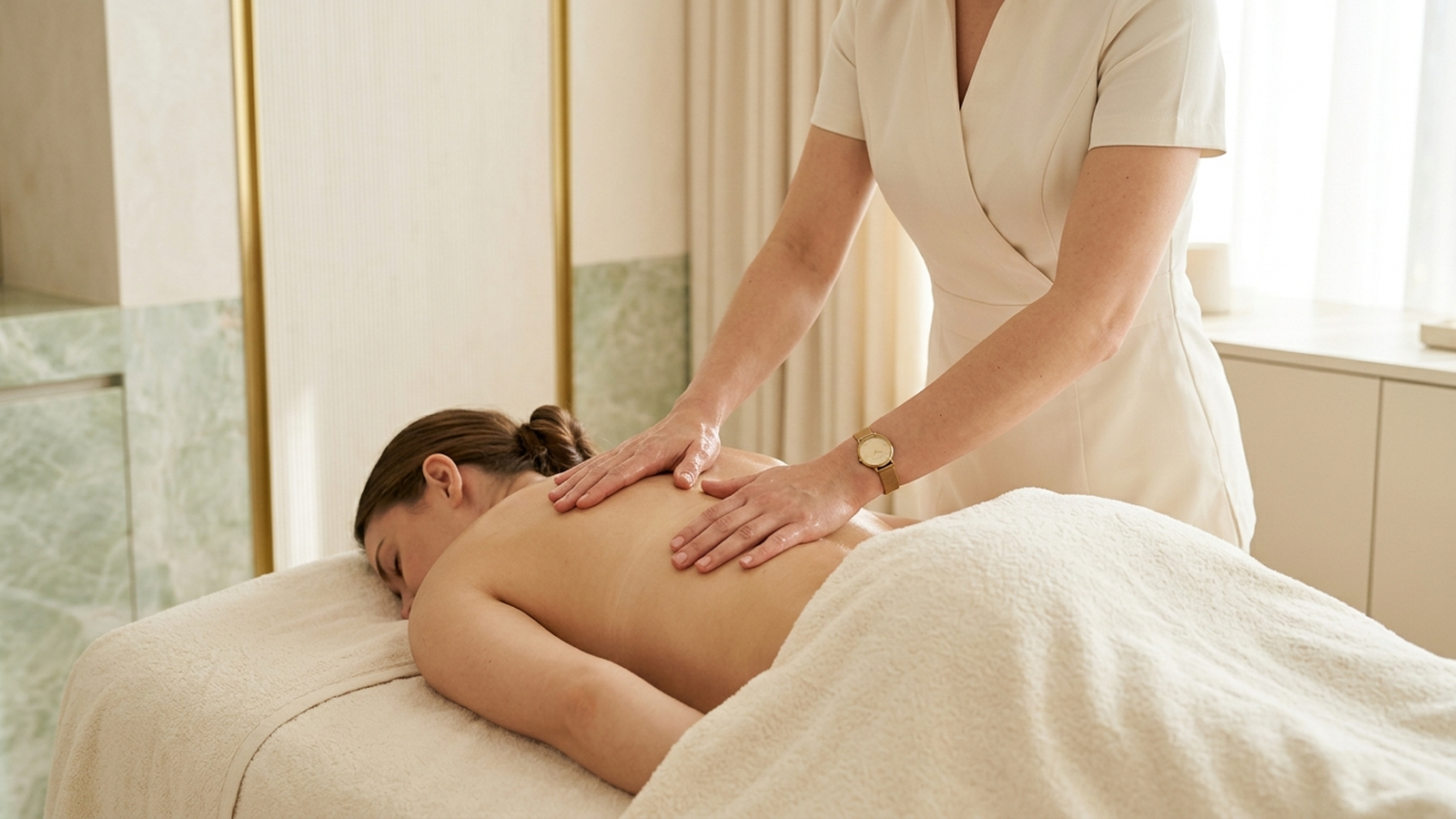 Illustration of a woman lying on a massage table covered by a towel, receiving a back massage from a therapist in a bright, neutral-toned room.