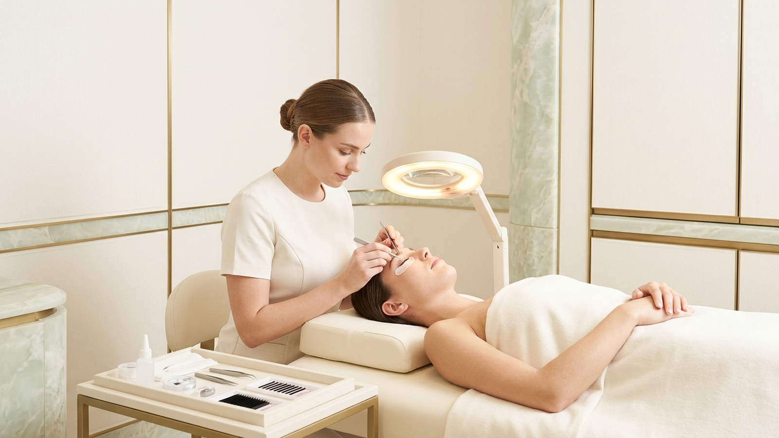 Illustration of a beautician applying eyelash extensions with tweezers to a client lying on a treatment bed in a bright salon.