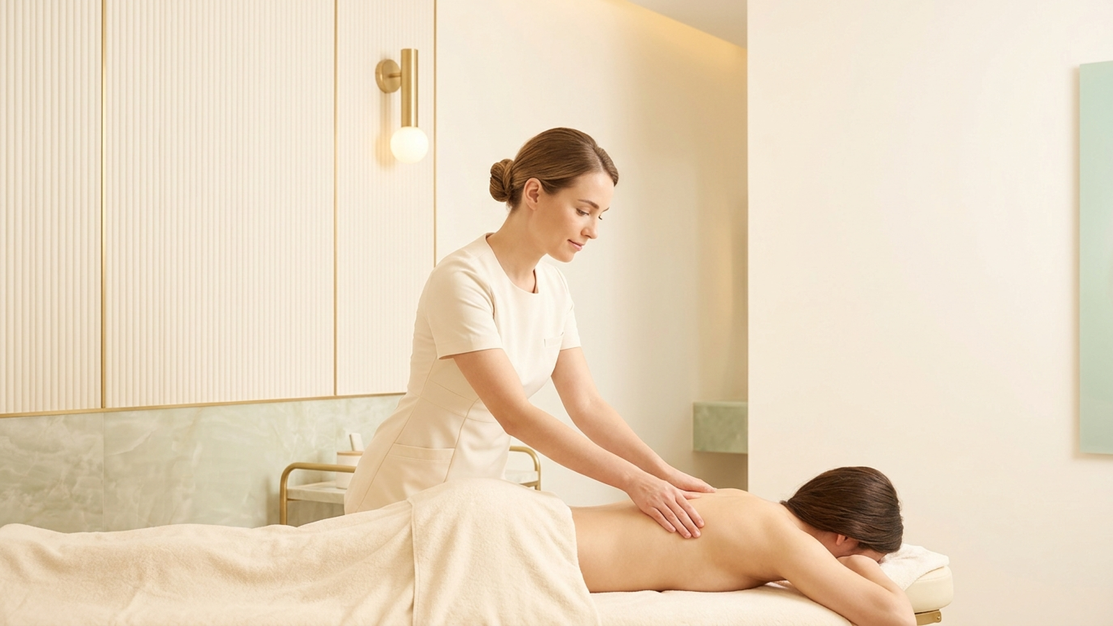 Illustration of a masseuse in a beige uniform performing a back massage on a woman lying face down on a spa treatment table.