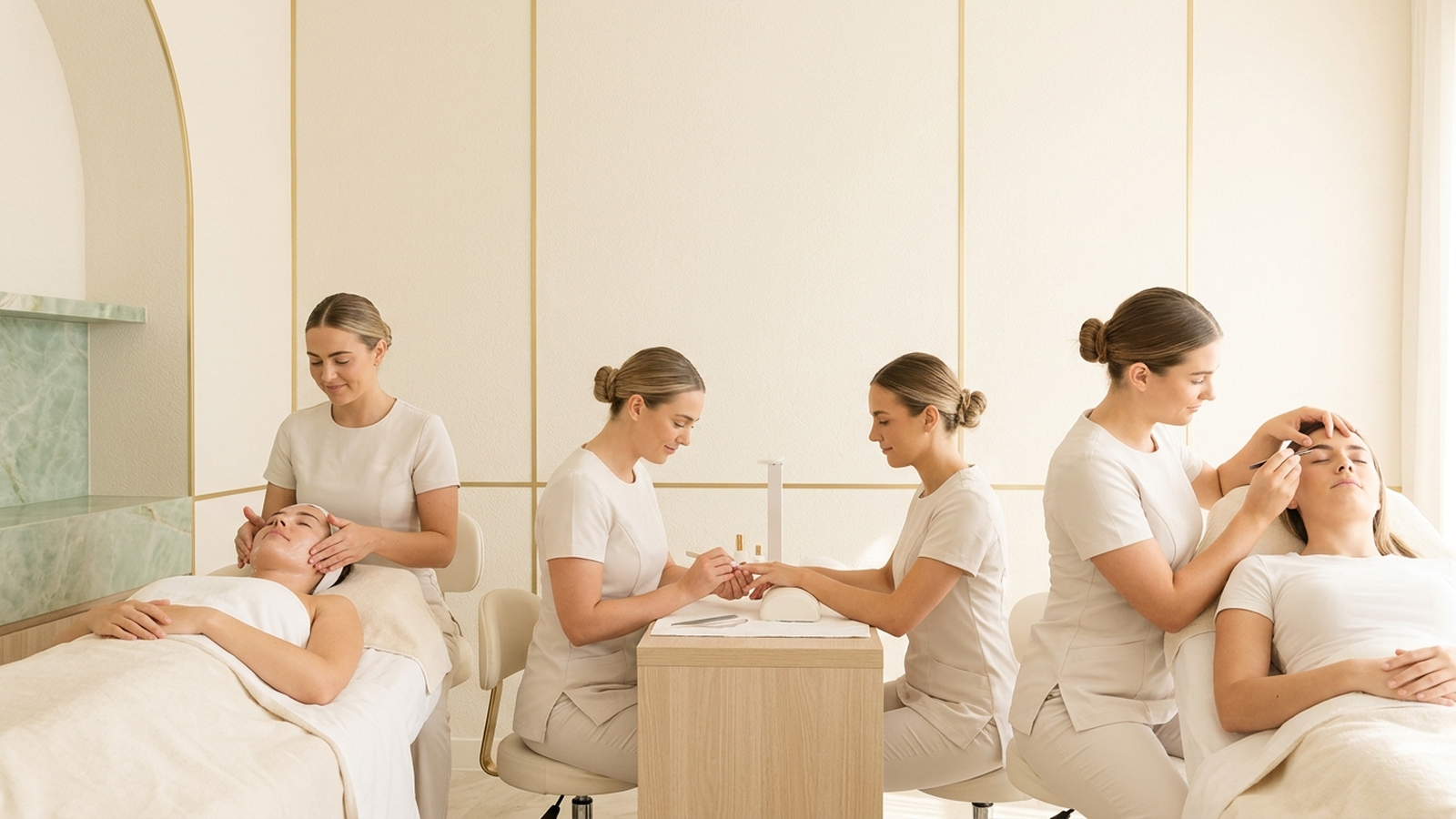 Illustration of salon professionals providing facial treatments, manicure services, and brow grooming to clients in a bright, modern, beige-toned spa setting.