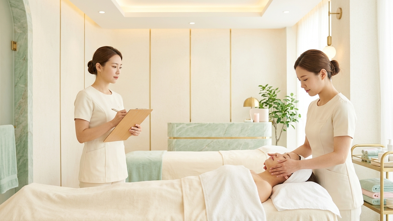 Illustration of a woman receiving a facial treatment from a therapist while another staff member takes notes on a clipboard in an elegant spa room.