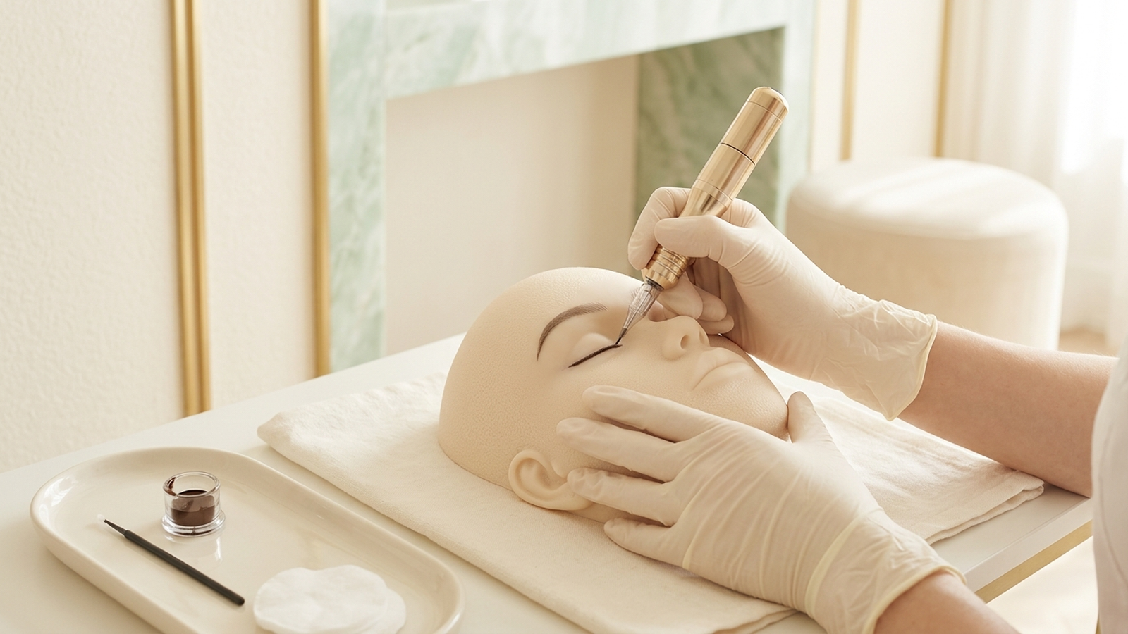 Illustration of gloved hands applying permanent eyeliner makeup to a silicone training mannequin head resting on a table beside an ink pigment tray.