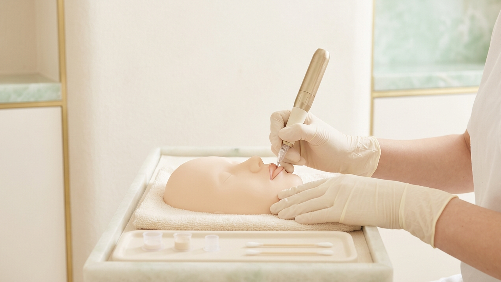 Illustration of gloved hands using a permanent makeup machine to practice lip tattooing on a silicone mannequin face resting on a towel.