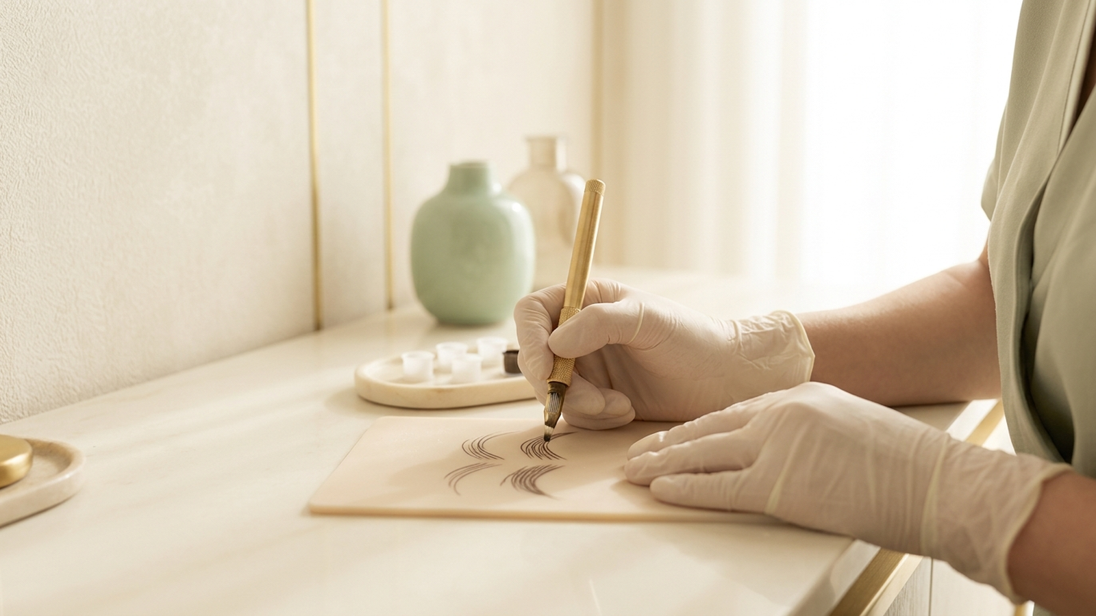 Illustration of gloved hands practicing microblading eyebrow strokes on a silicone practice pad with a pen tool on a light desk.