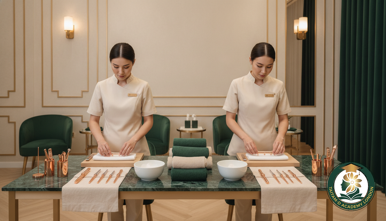 两名身穿米色制服的理疗师站在绿色大理石工作台前,各自把一条卷好的白毛巾放在木板上,旁边是卷好的绿色和米色毛巾、两只白碗,以及摆在米色台布上的玫瑰金器具。