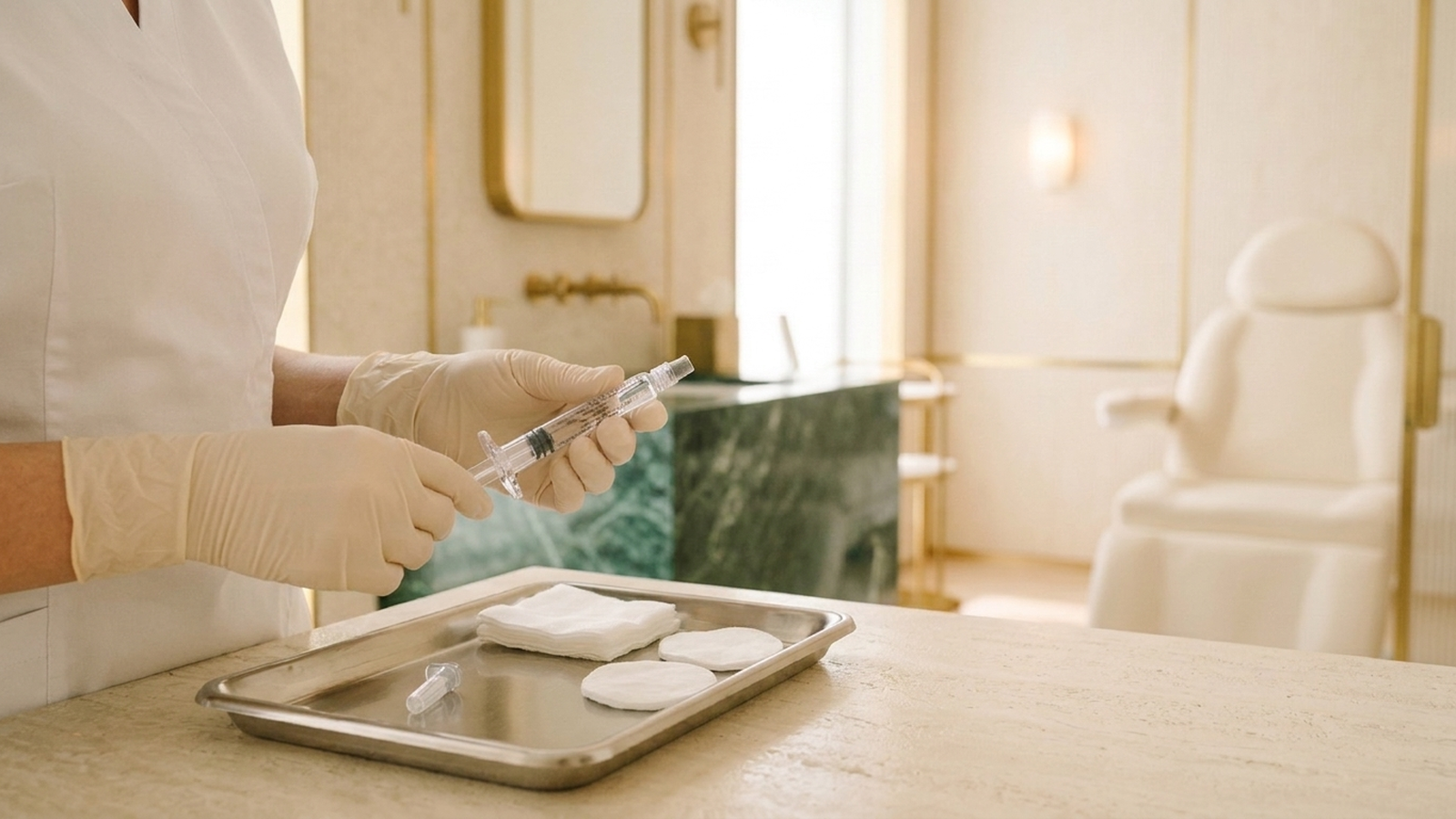 Gloved hands preparing a pre-filled syringe of clear gel over a steel tray with gauze and cotton pads, in a bright cream treatment room with emerald marble and a treatment chair behind.