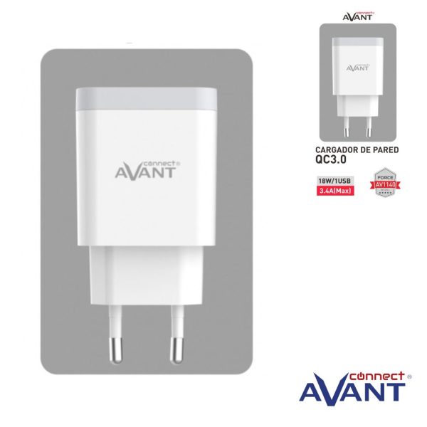 ADAPTADOR DE CORRIENTE AVANT CONNECT 18W 1XUSB QC3.0 - CARGA RAPIDA