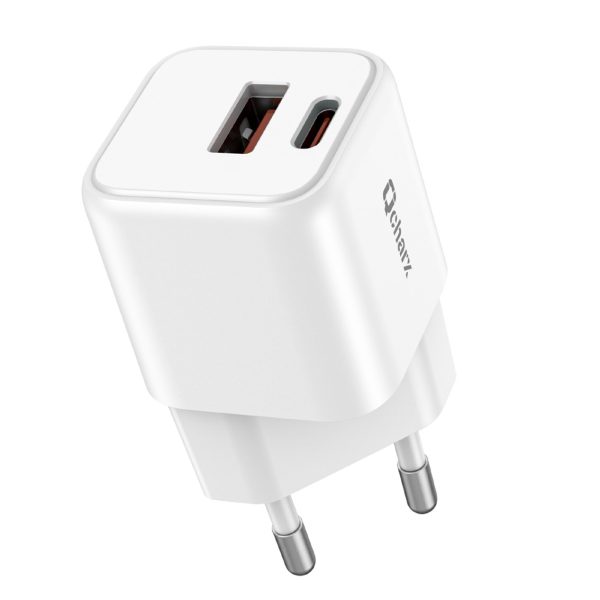 Cargador mini qcharx zeus 3a  20w puerto usb a + tipo c blanco adaptado a regletas