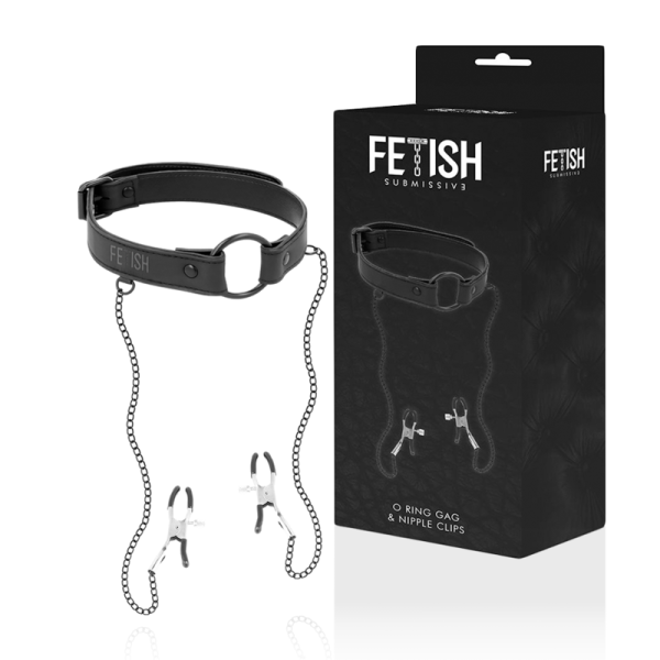 FETISH SUMISO - ANILLO DE MORDAZA CON PINZAS PARA PEZONES FETISH SUBMISSIVE BONDAGE