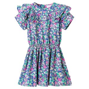Vestido de manga com folhos para criança azul-cobalto 140