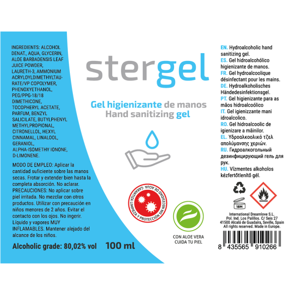 STERGEL - GEL HIDROALCOÓLICO DESINFETANTE DE MÃOS ALOE VERA 100ML - Imagen 3