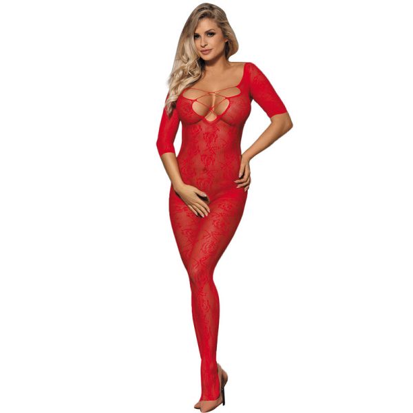 SUBBLIME - 951825 BODYSTOCKING SEM FUNDO DE REDE COM PADRO DE ROSAS VERMELHAS TAMANHO ÃNICO