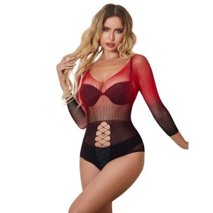 SUBBLIME - 952259 BODYSTOCKING DE REDE ELSTICA DE MANGA LONGA COM DEGRADÃ VERMELHO E PRETO TAMANHO ÃNICO