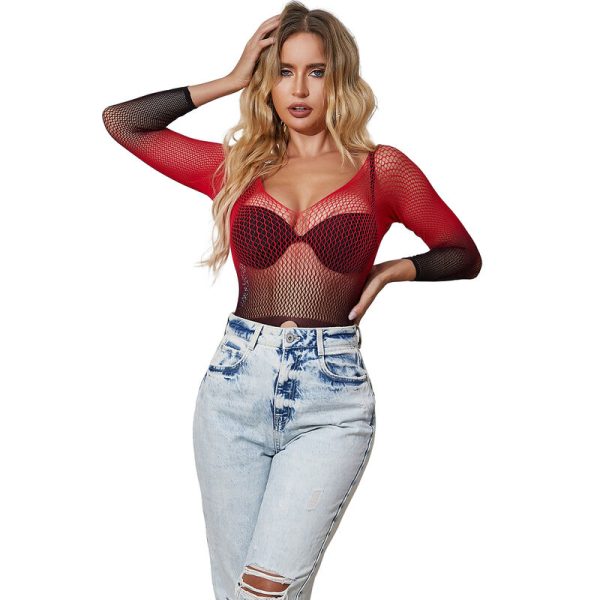 SUBBLIME - 952259 BODYSTOCKING DE REDE ELSTICA DE MANGA LONGA COM DEGRADÃ VERMELHO E PRETO TAMANHO ÃNICO - Imagen 6