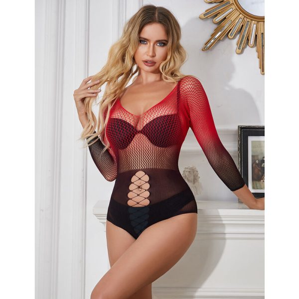 SUBBLIME - 952259 BODYSTOCKING DE REDE ELSTICA DE MANGA LONGA COM DEGRADÃ VERMELHO E PRETO TAMANHO ÃNICO - Imagen 7