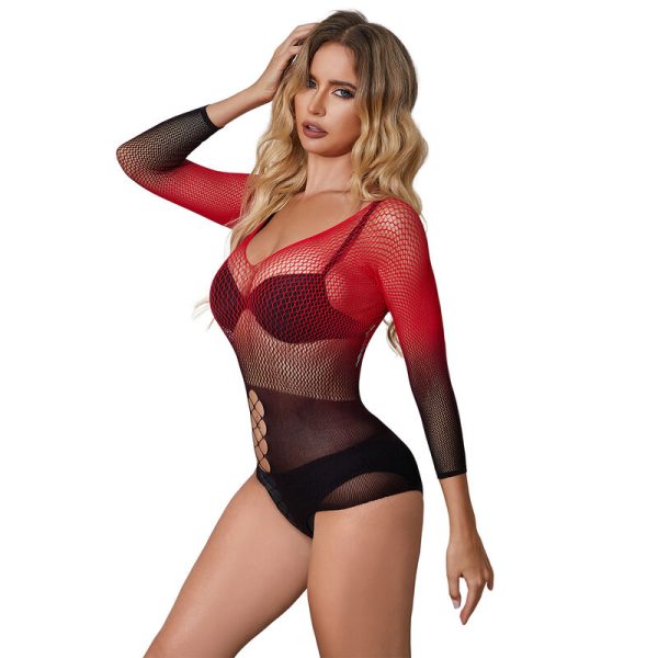 SUBBLIME - 952259 BODYSTOCKING DE REDE ELSTICA DE MANGA LONGA COM DEGRADÃ VERMELHO E PRETO TAMANHO ÃNICO - Imagen 2