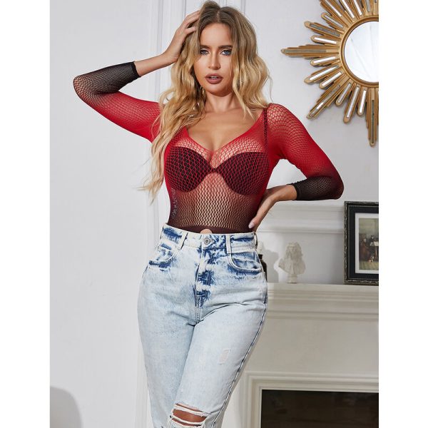 SUBBLIME - 952259 BODYSTOCKING DE REDE ELSTICA DE MANGA LONGA COM DEGRADÃ VERMELHO E PRETO TAMANHO ÃNICO - Imagen 11