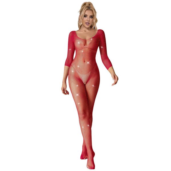 SUBBLIME - 952419 BODYSTOCKING DE REDE COM DIAMANTES MANGA COMPRIDA VERMELHO TAMANHO ÃNICO