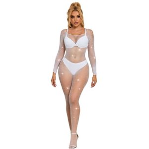 SUBBLIME - 952396 BODYSTOCKING DE REDE COM DIAMANTES MANGA COMPRIDA BRANCO TAMANHO ÃNICO