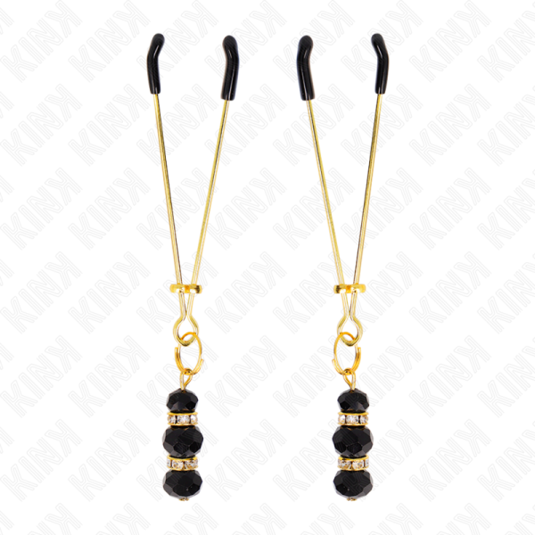 KINK - PINÃAS FINAS DOURADAS COM 3 CONTAS DE VIDRO PRETAS 7 CM - Imagen 2