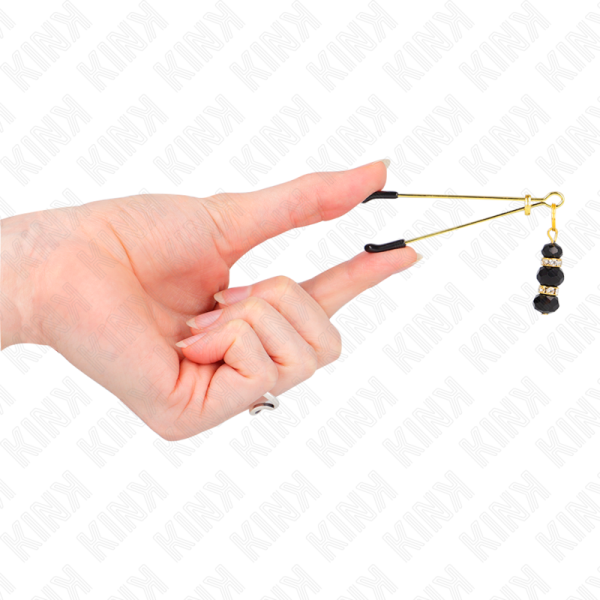 KINK - PINÃAS FINAS DOURADAS COM 3 CONTAS DE VIDRO PRETAS 7 CM - Imagen 4