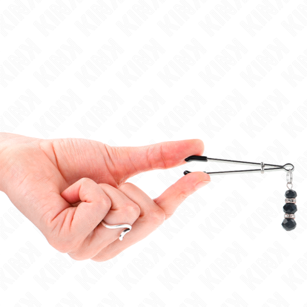 KINK - PINÃAS FINAS DOURADAS COM 3 CONTAS DE VIDRO PRETAS 7 CM - Imagen 2