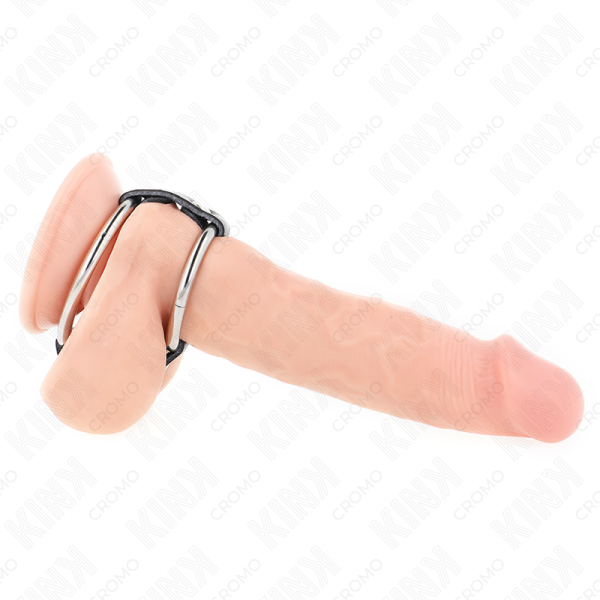 KINK - ANEL DE PÃNIS DUPLO DE METAL DE 3,8 CM A 5 CM CONECTADO COM COURO - Imagen 2