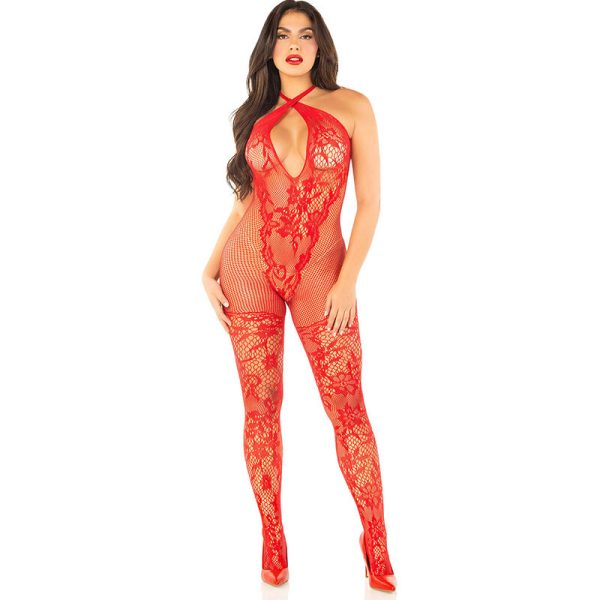 LEG AVENUE - BODYSTOCKING DE MALHA COM ESTAMPA DE FLORES VERMELHO TAMANHO ÃNICO