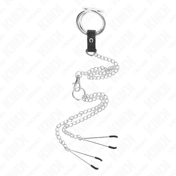 KINK - ANEL DE PÃNIS DE METAL TRIPLO CROMADO DE 3 CM A 4,5 CM COM CORRENTE DE METAL DE 26 CM E CLIPES DE MAMILO - Imagen 3