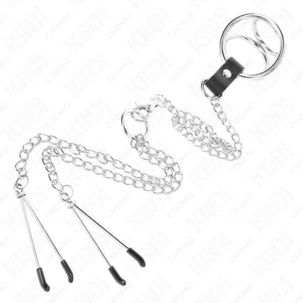 KINK - ANEL DE PÃNIS DE METAL TRIPLO CROMADO DE 3 CM A 4,5 CM COM CORRENTE DE METAL DE 26 CM E CLIPES DE MAMILO - Imagen 4