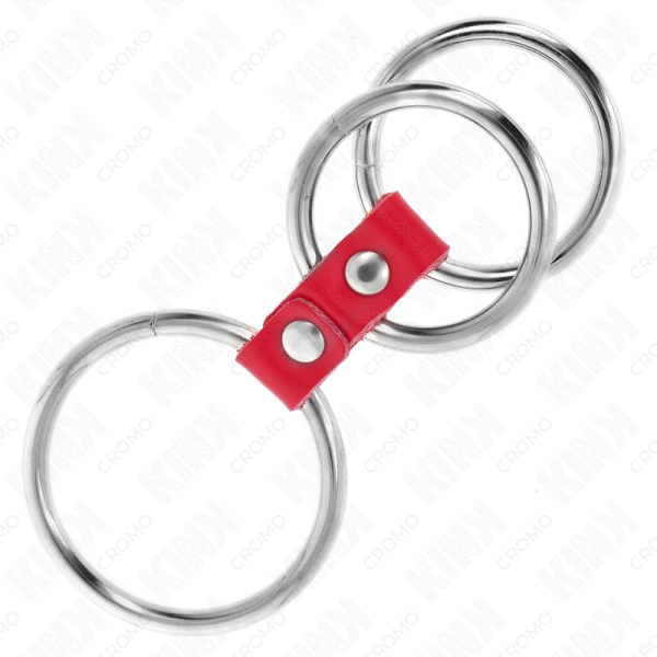 KINK - ANEL DE PÃNIS TRIPLO DE METAL DE 3,7 CM A 5 CM CONECTADO COM COURO VERMELHO - Imagen 3